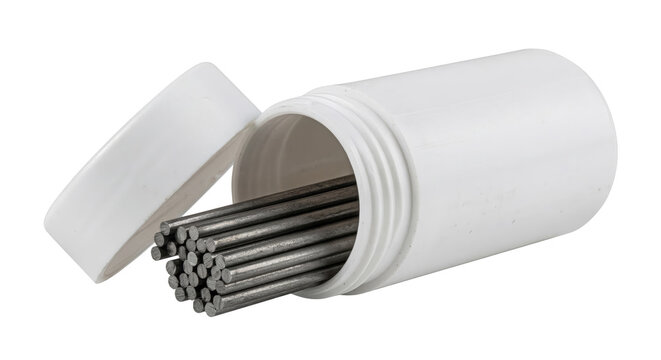 Industrial tungsten welding electrodes inside open white plastic container PNG