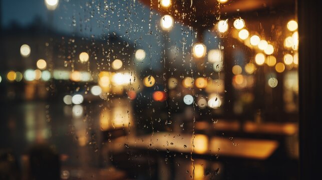 Cozy rainy evening caf&eacute; viewed through window with raindrops in sharp focus, warm ambient lights reflecting softly on glass, blurred city street with cars and people, cinematic atmospheric urban scene