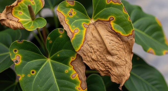 A close-up photograph showcases an Anthurium plant exhibiting signs of edema leaf spot. 