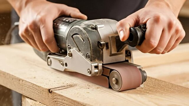 Close up of male hands using a belt sander on a wooden board for DIY furniture