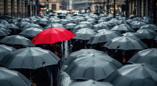 A solitary person stands amidst a dense crowd of people, each holding a gray umbrella.