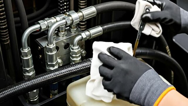 Mechanic inspecting hydraulic oil with dipstick for industrial forklift preventive maintenance