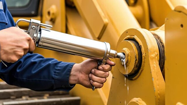 Technician performing preventative maintenance on heavy construction machinery with grease gun