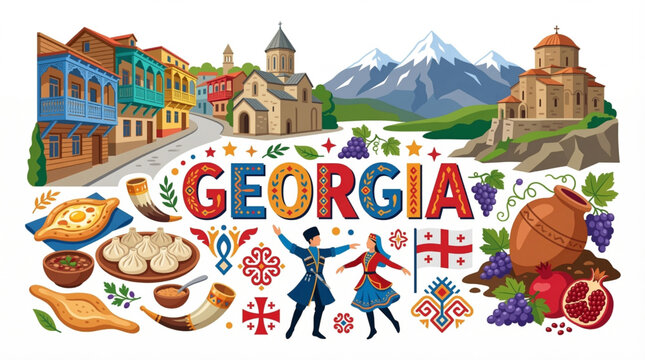 Vibrant Georgia Cultural Elements Vector Illustration with Tbilisi, Monasteries, and Local Cuisine