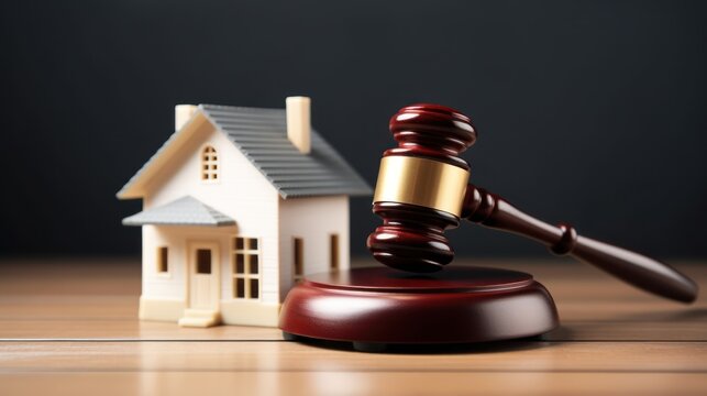 A wooden gavel rests on a wooden table, positioned in front of a miniature model of a house.