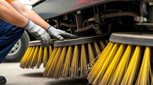 Male technician in gloves performing maintenance on a municipal street sweeper machine