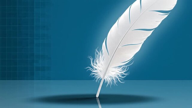 A white feather standing upright on a blue surface with a grid background.