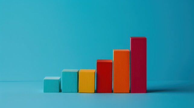 Five colorful wooden blocks are stacked vertically to create a simple bar graph.