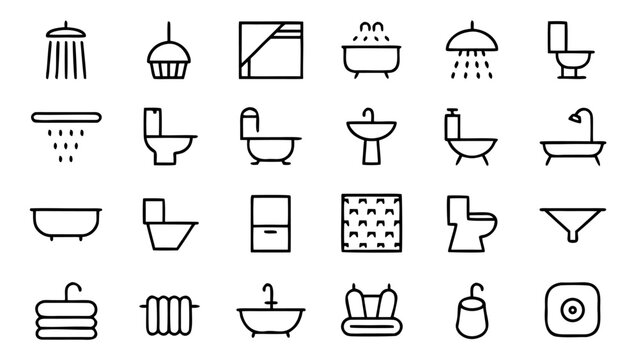 This set of forty-five bathroom-themed vector icons utilizes thin white lines to depict various plumbing fixtures organized in a clean grid.