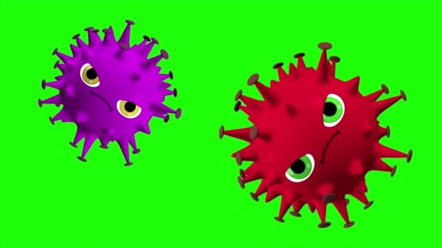 Cartoon Face Virus Cells on Green Screen Background.