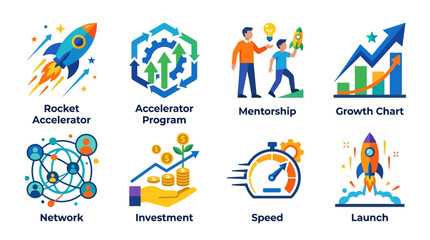 Fototapeta premium Business growth vector concepts with rocket launch and accelerator program icons