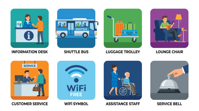 Vector illustration of airport terminal scene with shuttle bus, luggage trolley, and customer service desk with assistance staff and free WiFi symbol.