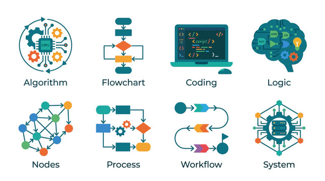 A vector illustration of a coding system with algorithm logic and workflow process nodes on a computer screen with flowchart and system design elements.