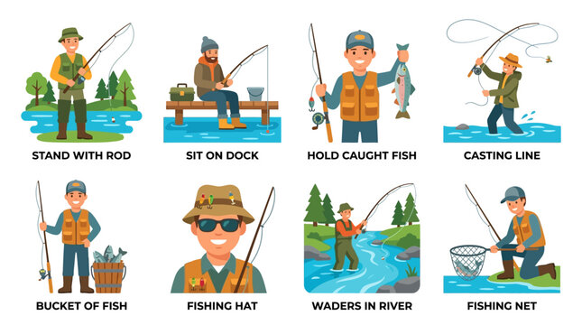 Vector illustration of a man fishing in various poses outdoors by a serene lake with trees and a dock, showcasing different techniques and gear.