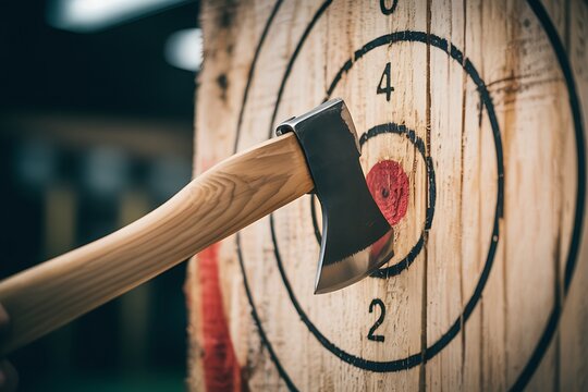 Axe embedded in wooden target in a recreational axe throwing activity