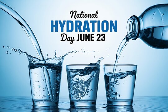 Celebrate National Hydration Day June 23 with refreshing water being poured into glasses