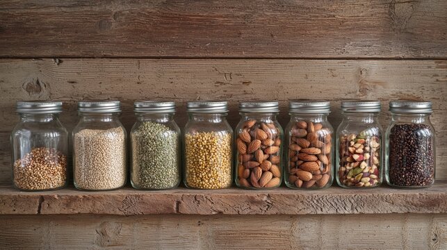 Seven glass jars are arranged in a row on a rustic wooden shelf.