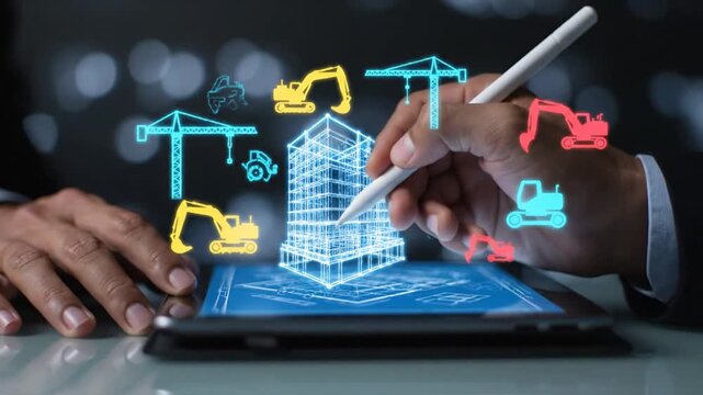 Man using stylus on tablet with 3D building model and construction icons floating above