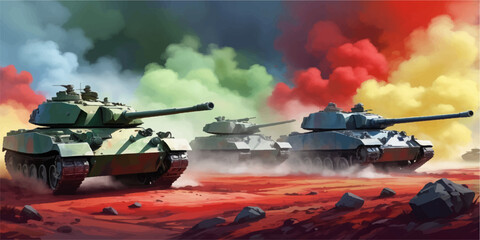 Obraz premium Green Soviet military tank in a park representing armored warfare, military power, and historical conflict with heavy armed vehicle and cannon