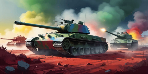 Soviet military tank model in desert sky with heavy armor, cannon, and camouflage design © Khuld