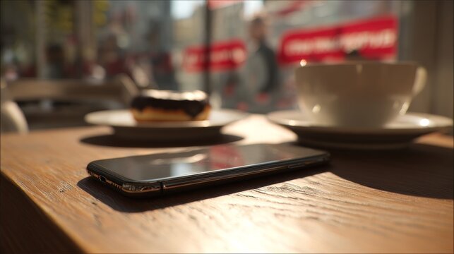 Modern smartphone on wooden caf&eacute; table with Tim Hortons app, donut on left, cappuccino on right, warm morning sunlight, shallow depth of field, cozy breakfast scene.