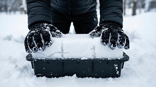 Person using a snow brick maker tool to build an igloo or snow fort in winter