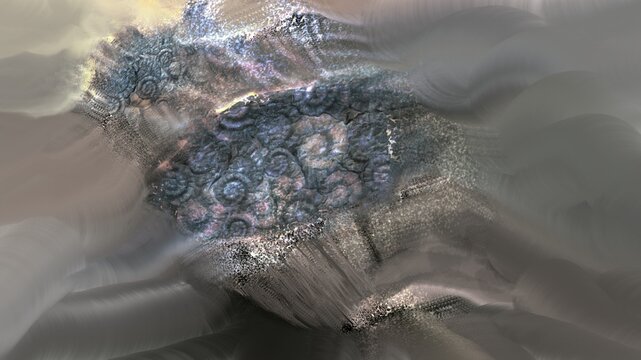 Abstract ammonite fossil texture with glowing spiral pattern and motion blur background