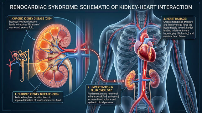 3D Medical Schematic of Renocardiac Syndrome: Chronic Kidney Disease Impact on Heart Failure and Hypertension