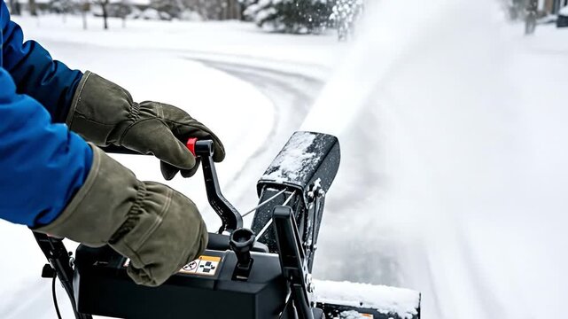 Man in warm gloves operating a powerful snow blower to clear a residential driveway in winter