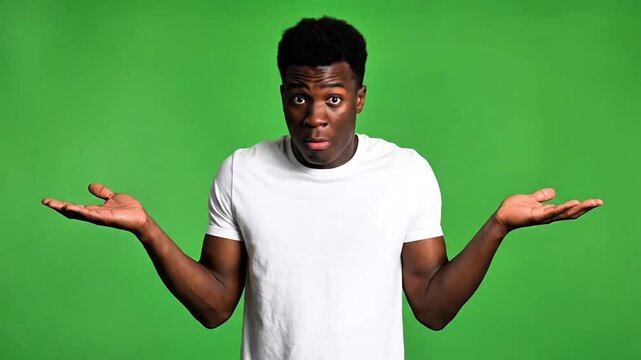 Man shrugging shoulders confused unsure green background