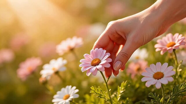 Hand touching pink flower in field