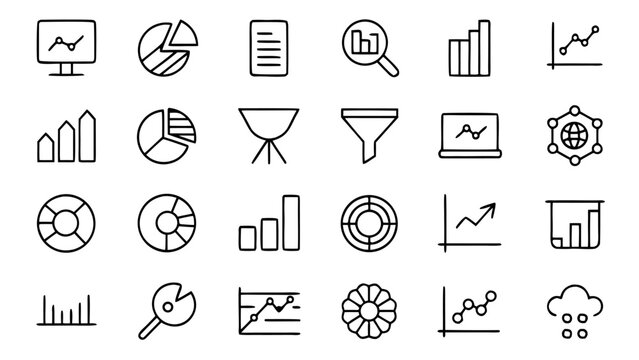 Forty-five white minimalist outline icons depicting various data analysis tools and statistical concepts are positioned on a deep black background.