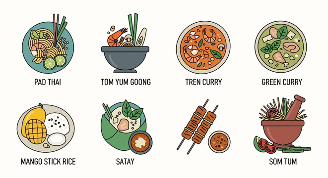 Delicious Thai food dishes in a colorful illustration with labels.