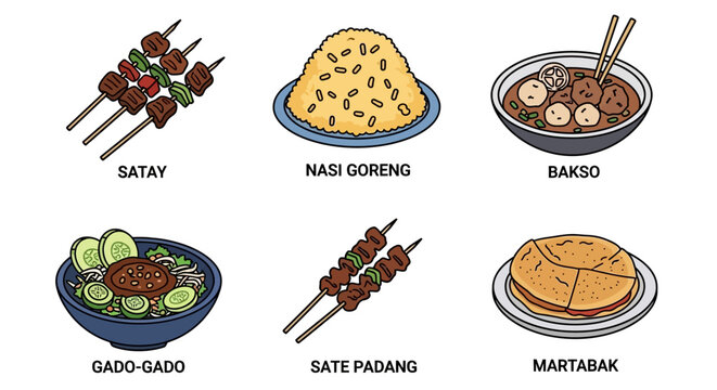 Indonesian food illustration featuring satay, nasi goreng, bakso, gado-gado, sate padang, and martabak.