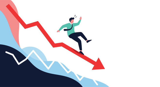 Stressed businessman losing balance and sliding down a sharp red arrow representing economic decline or financial market crash.