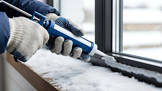 Worker applying winter weatherization sealant to window frame in cold climate