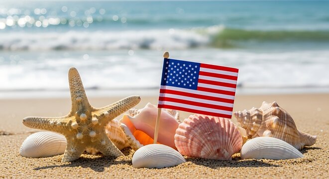 A small american flag standing in the sand surrounded by various seashells on a sunny beach day