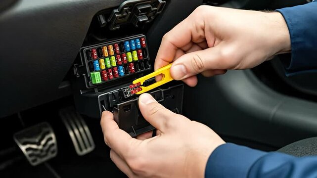 Caucasian male hands using yellow puller tool to replace fuse in car interior fuse box