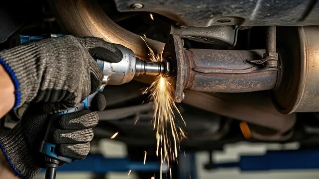 Mechanic performing rusted exhaust flange repair using power tool in automotive workshop