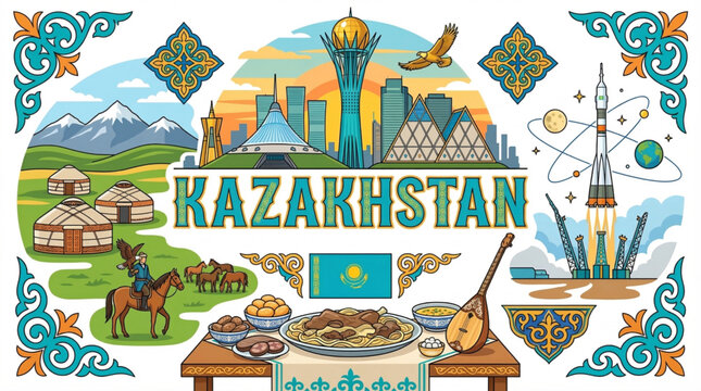 Vibrant Kazakhstan Cultural Elements Vector Illustration with Bayterek Tower, Nomadic Heritage, and Traditional Symbols