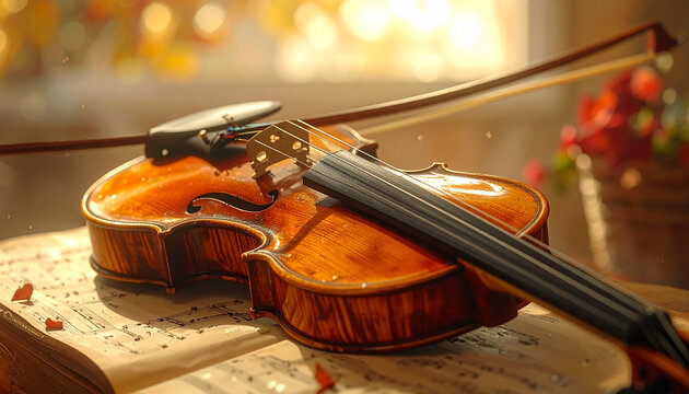 Close up of a wooden violin with a bow resting on sheet music in warm light