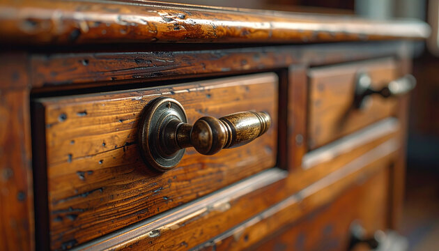Close up of a weathered wooden drawer with antique hardware rich textures