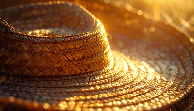 Close up of a woven straw hat bathed in warm sunlight against a blurred backdrop
