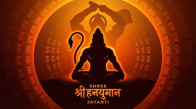 Hanuman Jayanti 2026 Celebration Vector Video, Lord Hanuman Silhouette Animation with Ram Mantra Background, Hindu Festival Greeting Background
