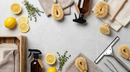 Fototapeta premium Sustainable cleaning tools and natural ingredients including lemons and fresh thyme arranged on a grey marble surface