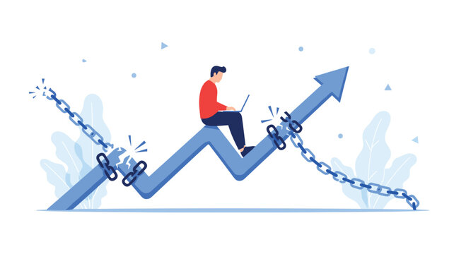 Man working on laptop while sitting on blue zig-zag arrow that is breaking free from heavy metal chains of restriction.