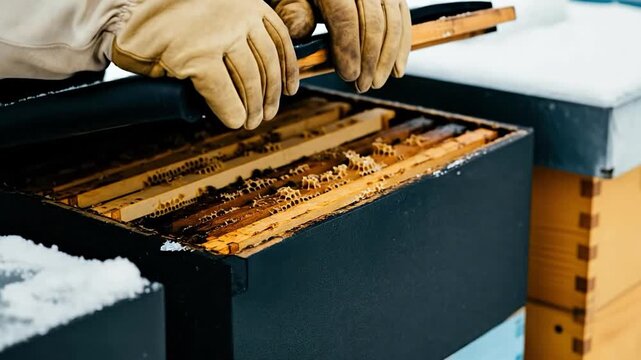 Beekeeper hands in leather gloves installing winter insulation wrap on a beehive in snow