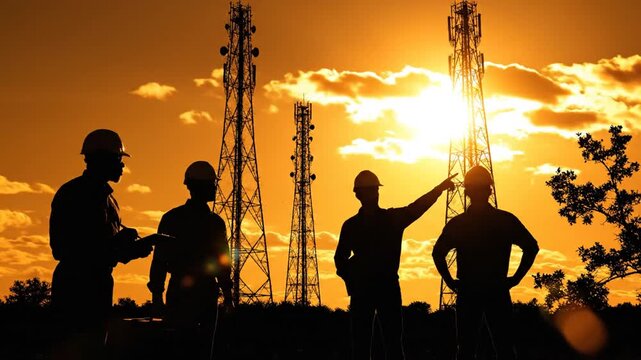 Workers inspect telecom towers at sunset with silhouette effect outdoors