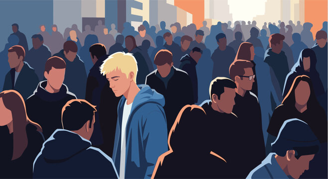 Sad young man with blond hair wearing a blue hoodie standing alone and feeling lonely in a crowded city street.