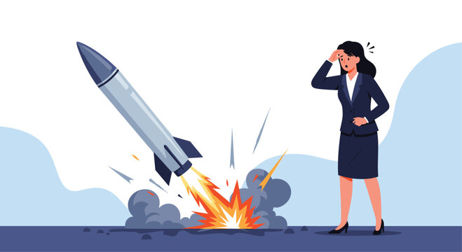 Worried businesswoman watching a rocket crashing and exploding representing a startup failure or financial disaster.